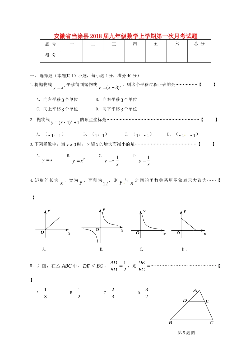 安徽省当涂县九年级数学上学期第一次月考试卷 新人教版试卷_第1页