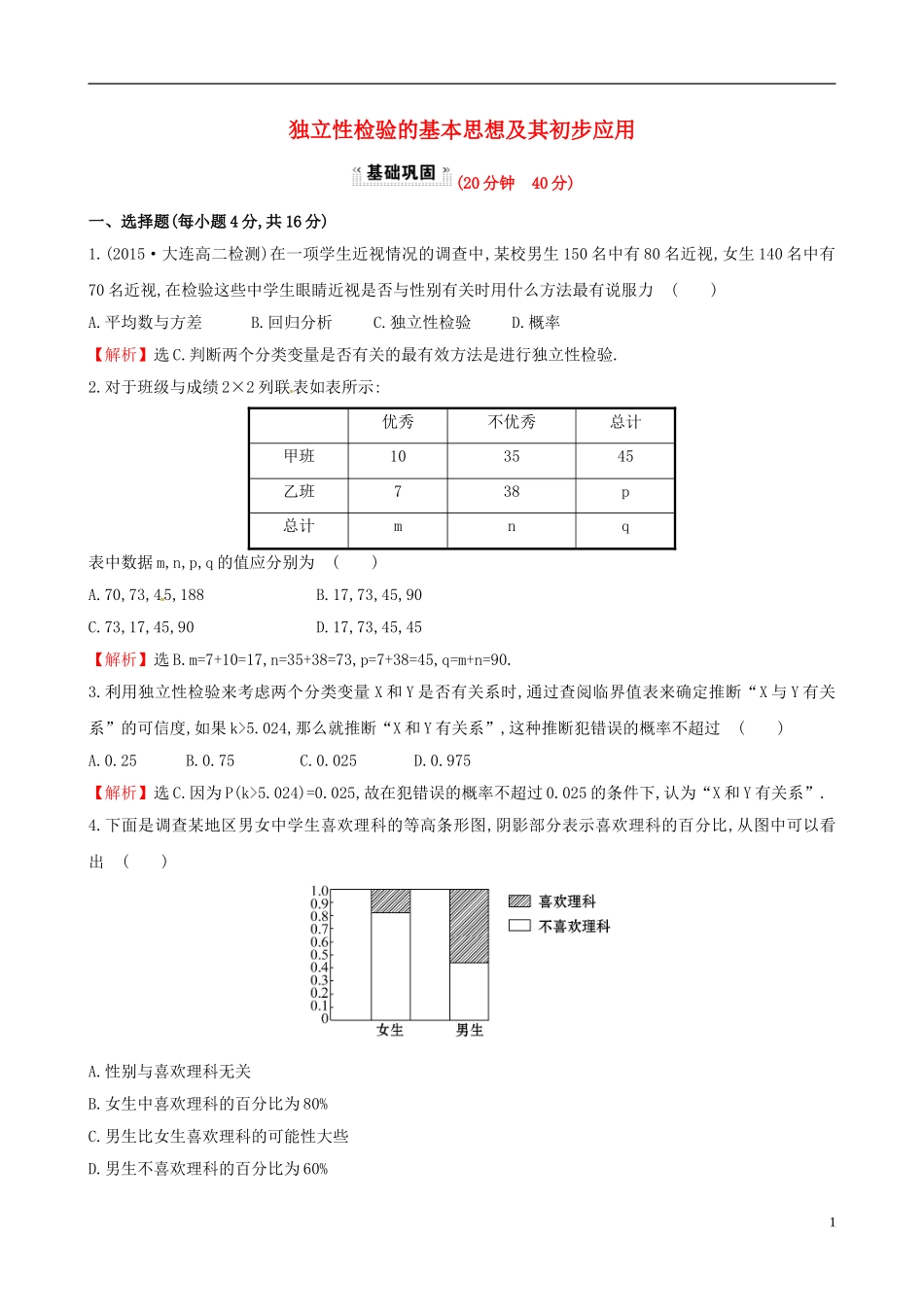 高中数学 第一章 统计案例 1.2 独立性检验的基本思想及其初步应用课时提升作业2 新人教A版选修1-2-新人教A版高二选修1-2数学试题_第1页