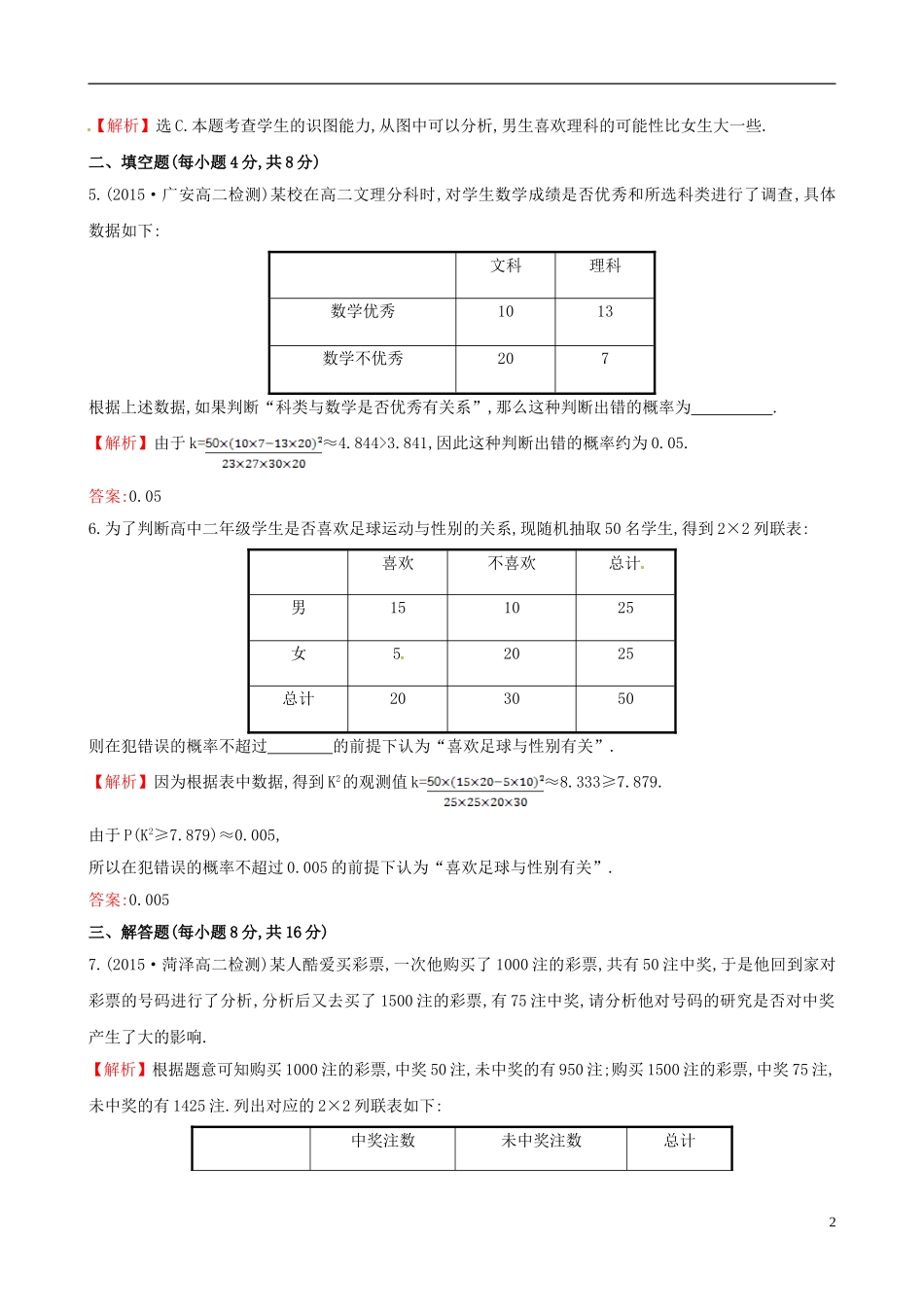 高中数学 第一章 统计案例 1.2 独立性检验的基本思想及其初步应用课时提升作业2 新人教A版选修1-2-新人教A版高二选修1-2数学试题_第2页