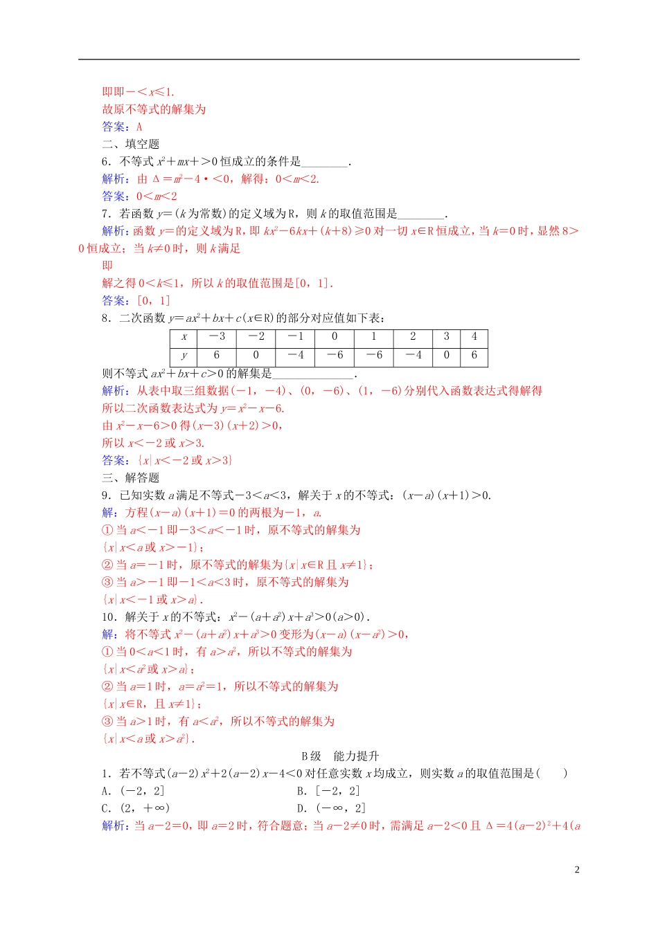 高中数学 第三章 不等式 3.2 一元二次不等式及其解法 第2课时 含参数的一元二次不等式的解法练习 新人教A版必修5-新人教A版高二必修5数学试题_第2页