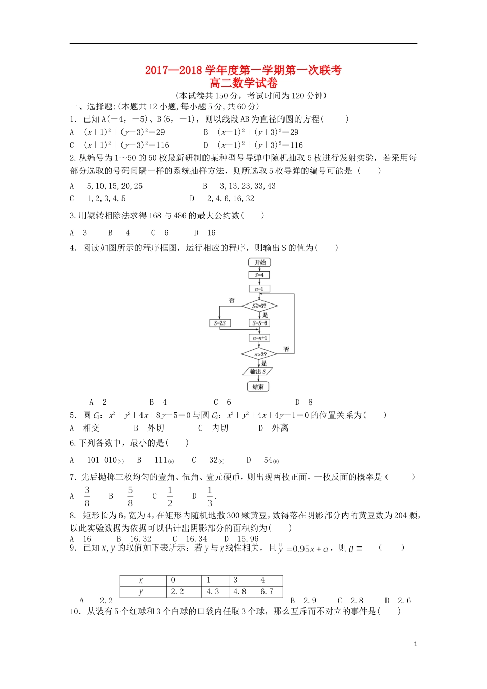 黑龙江省大庆市高二数学第一次联考试题-人教版高二全册数学试题_第1页