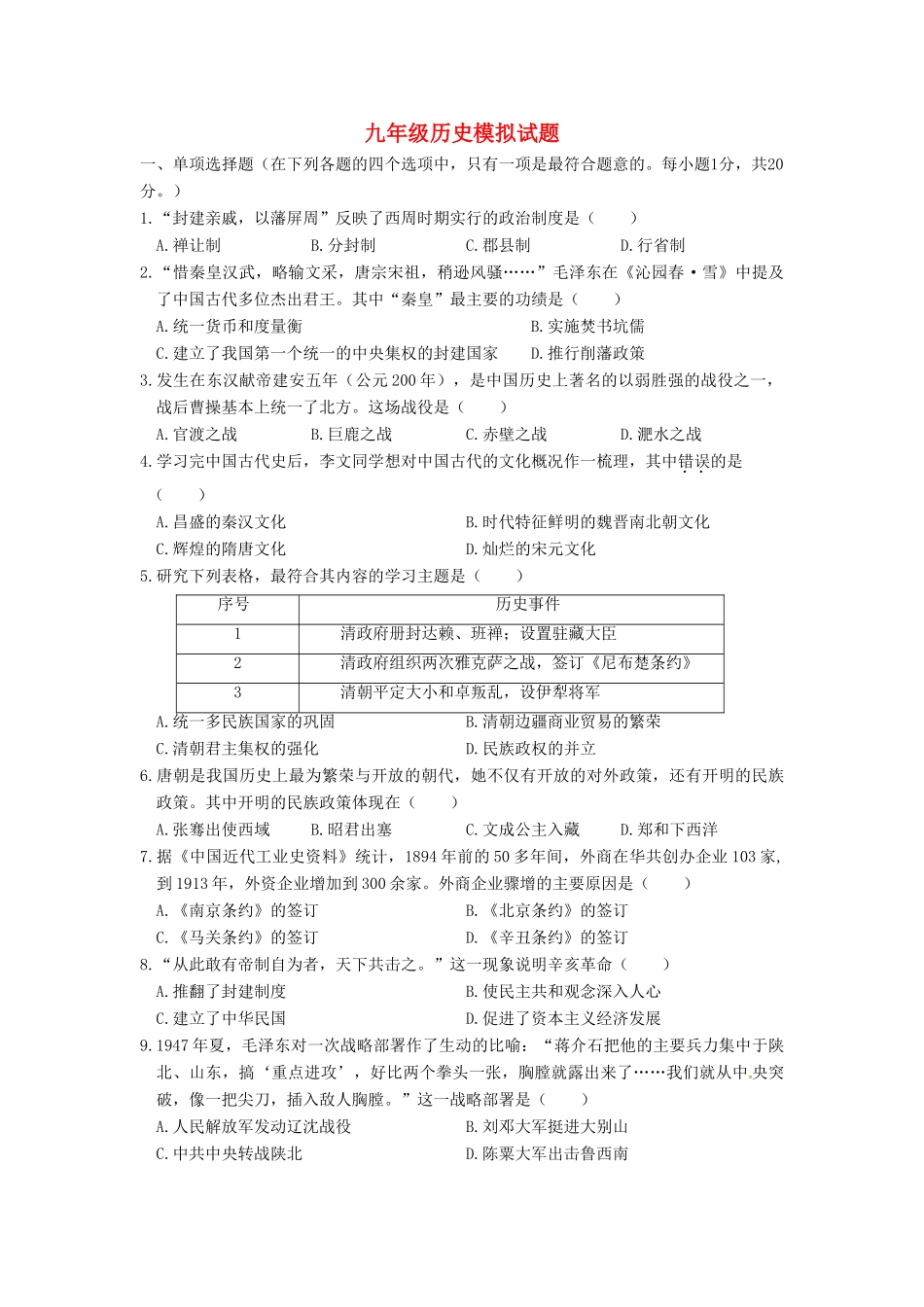 山东省菏泽市定陶县半堤镇中考历史模拟试卷试卷_第1页