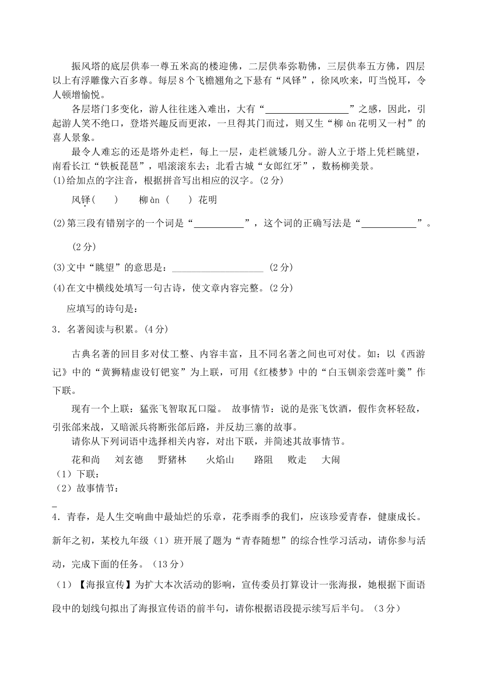 安徽省安庆市九年级语文上学期期末试卷 新人教版试卷_第2页