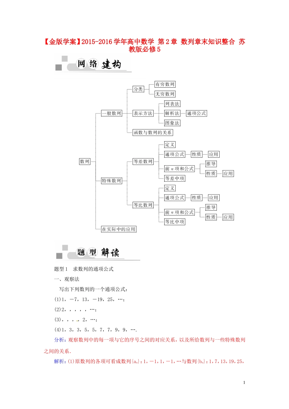 高中数学 第2章 数列章末知识整合 苏教版必修5-苏教版高二必修5数学试题_第1页