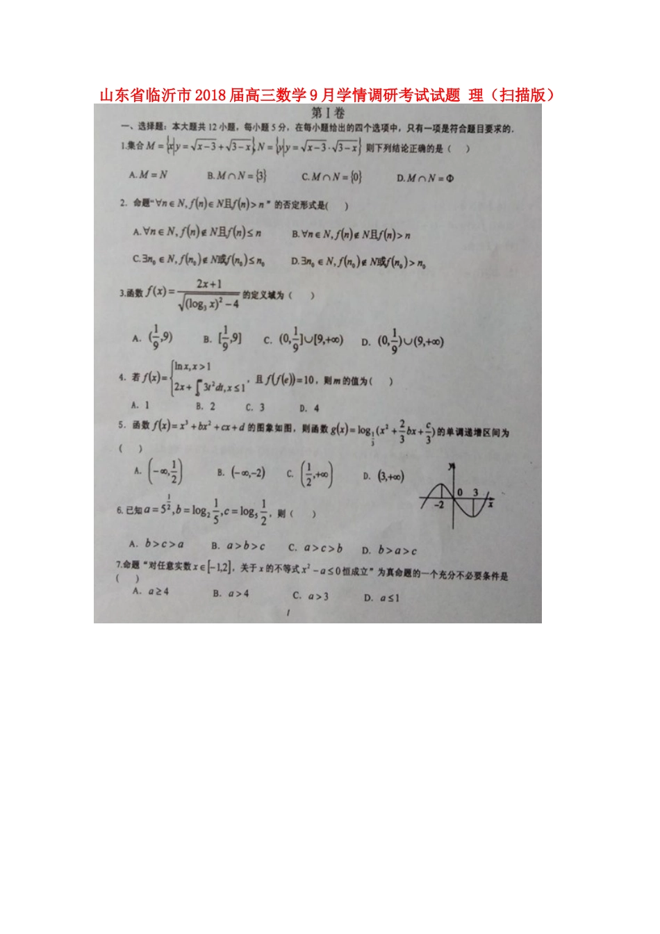 山东省临沂市高三数学9月学情调研考试试卷 理试卷_第1页