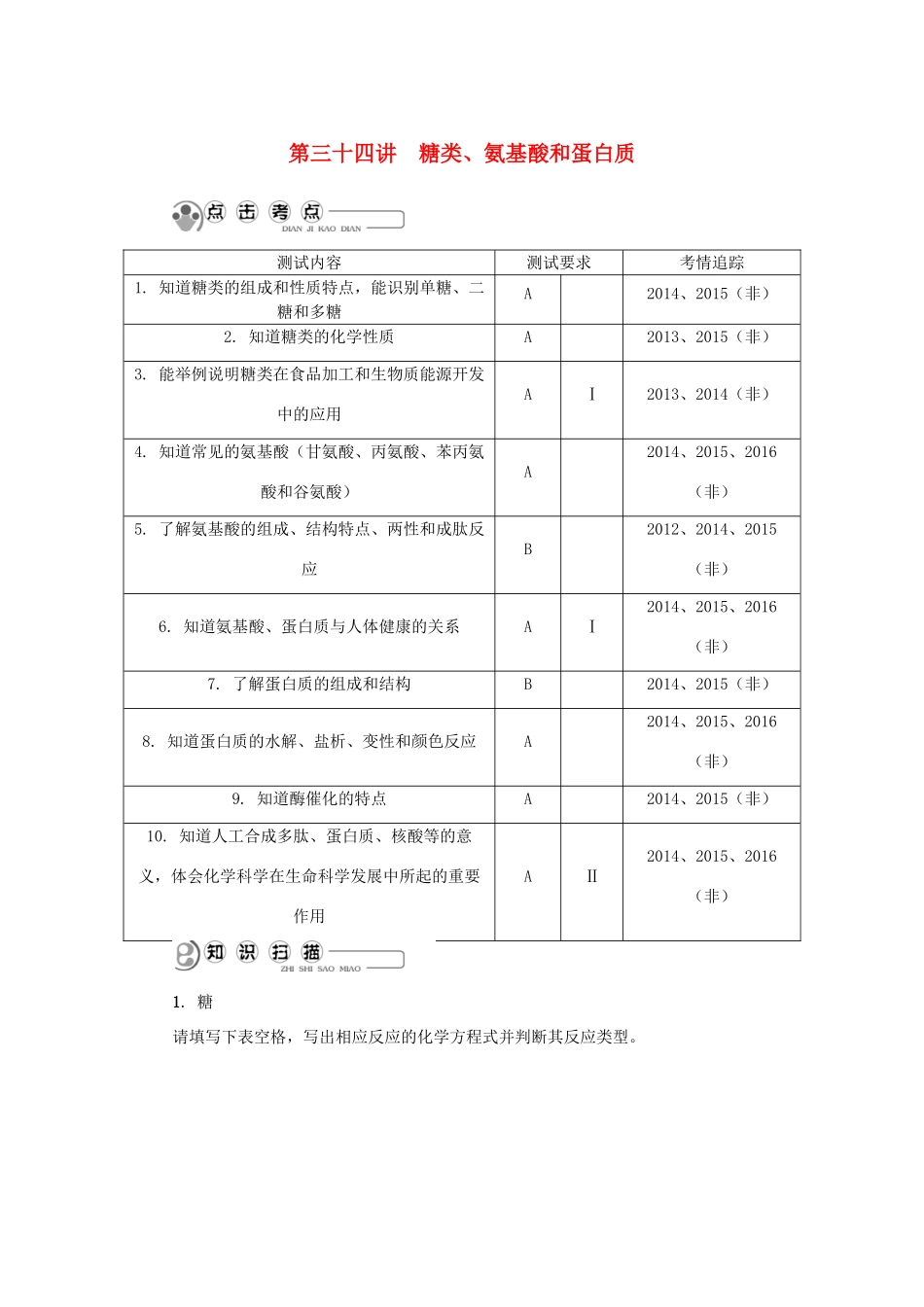高中化学 第三十四讲 糖类、氨基酸和蛋白质学业水平测试 新人教版选修5-新人教版高二选修5化学试题_第1页