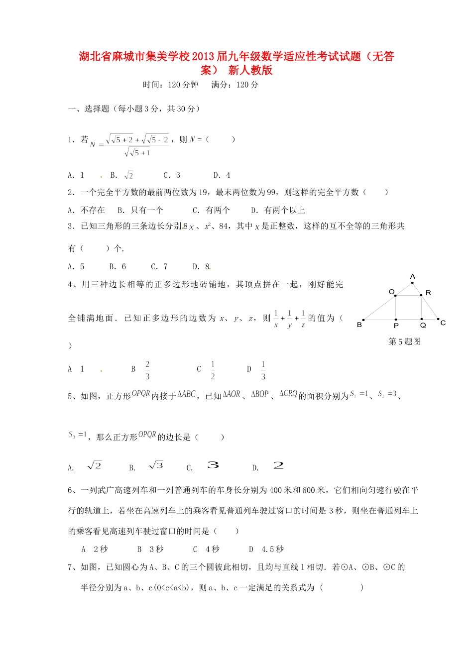 九年级数学适应性考试试卷 新人教版试卷_第1页