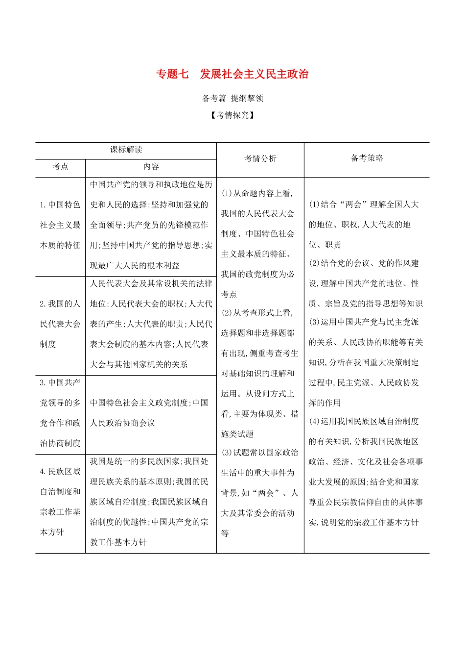 （湖南版）高考政治一轮复习 专题七 发展社会主义民主政治精练（含解析）-人教版高三全册政治试题_第1页