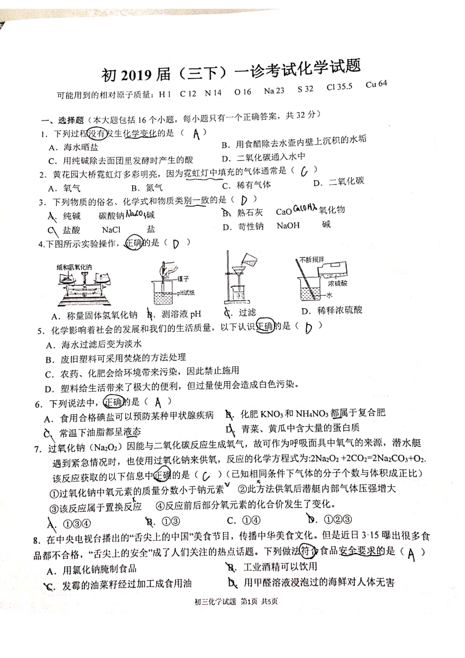 九年级化学下学期一诊考试试卷pdf，无答案)试卷_第1页