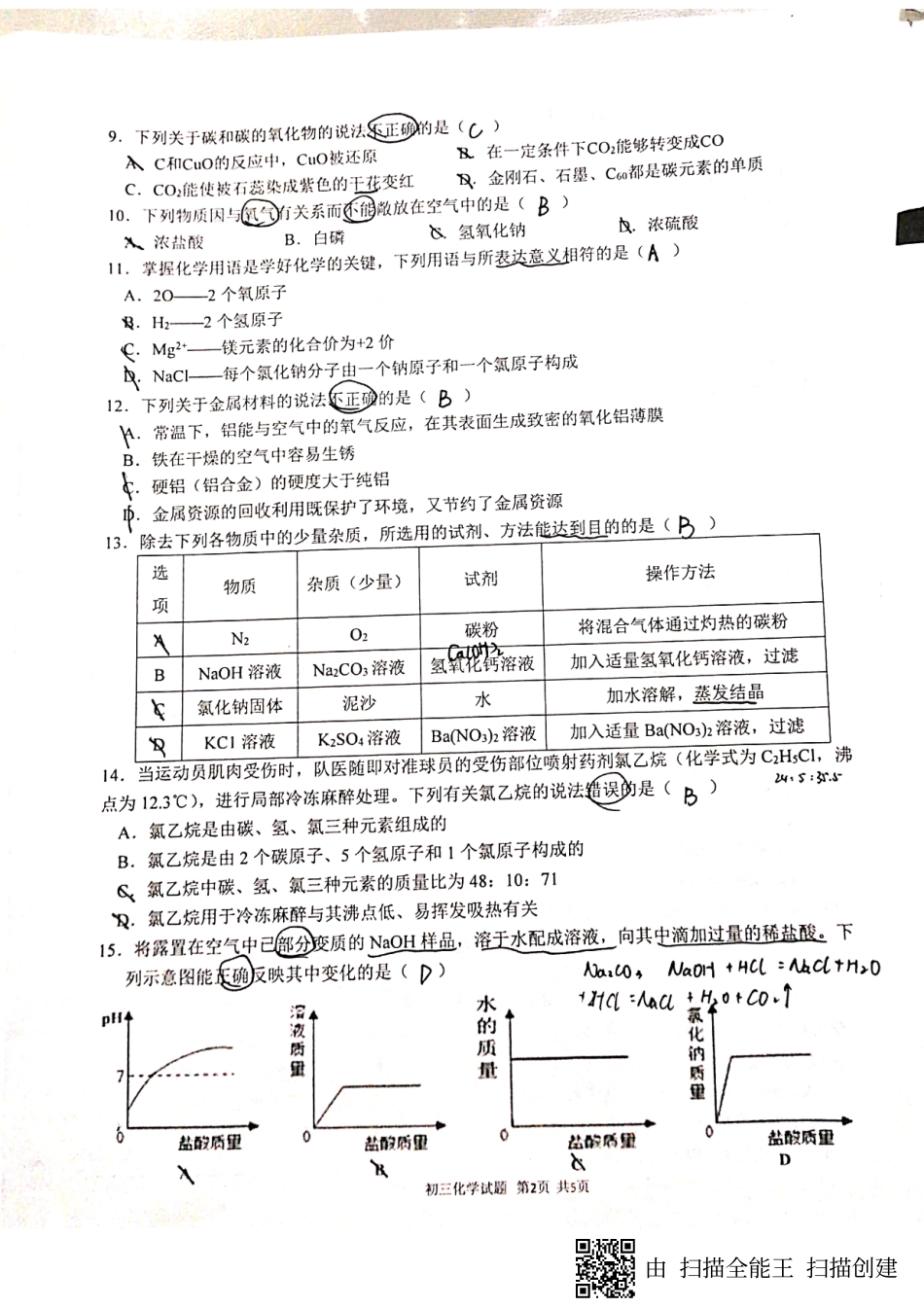 九年级化学下学期一诊考试试卷pdf，无答案)试卷_第2页
