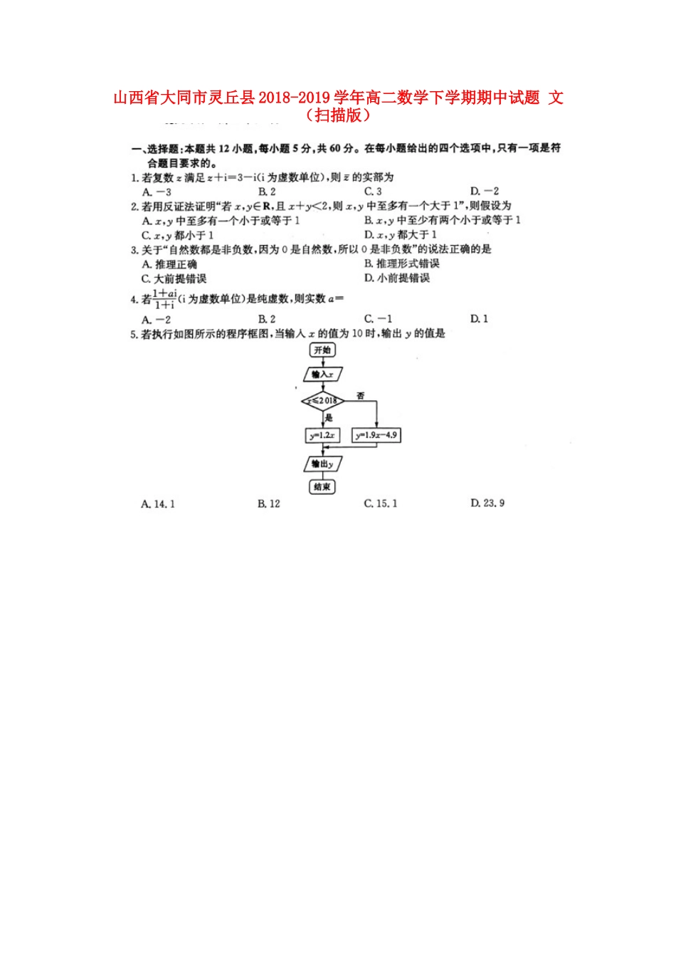 山西省大同市灵丘县 高二数学下学期期中试卷 文试卷_第1页