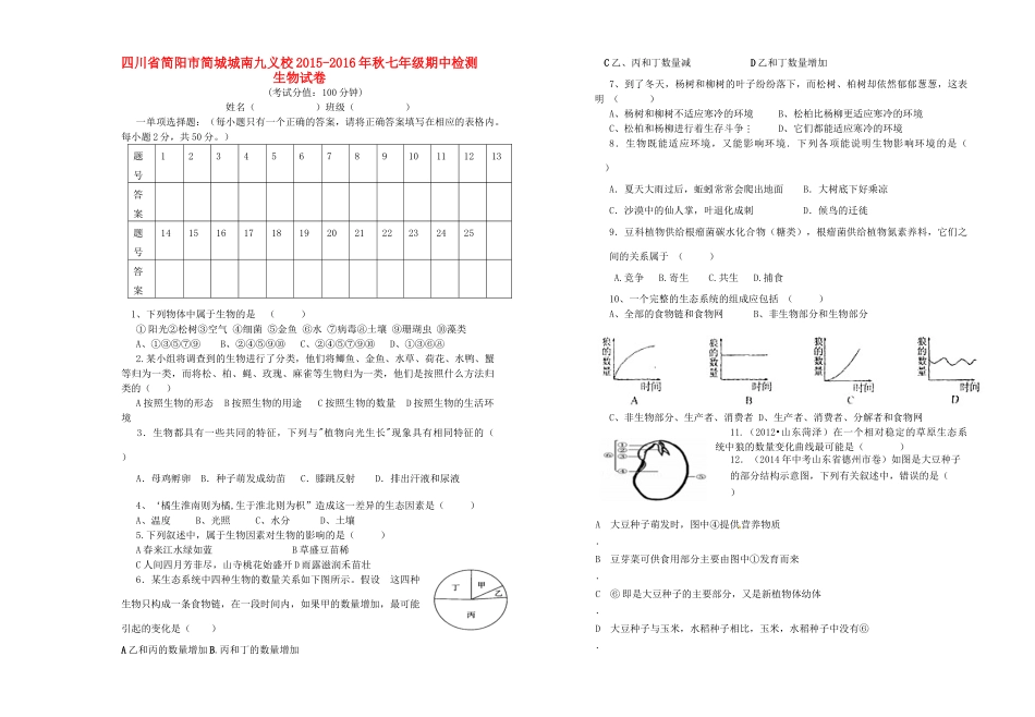 四川省简阳市简城城南九义校七年级生物上学期期中试卷 新人教版试卷_第1页