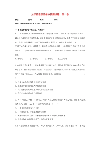 九年级政治 中段测试卷 人教新课标版试卷