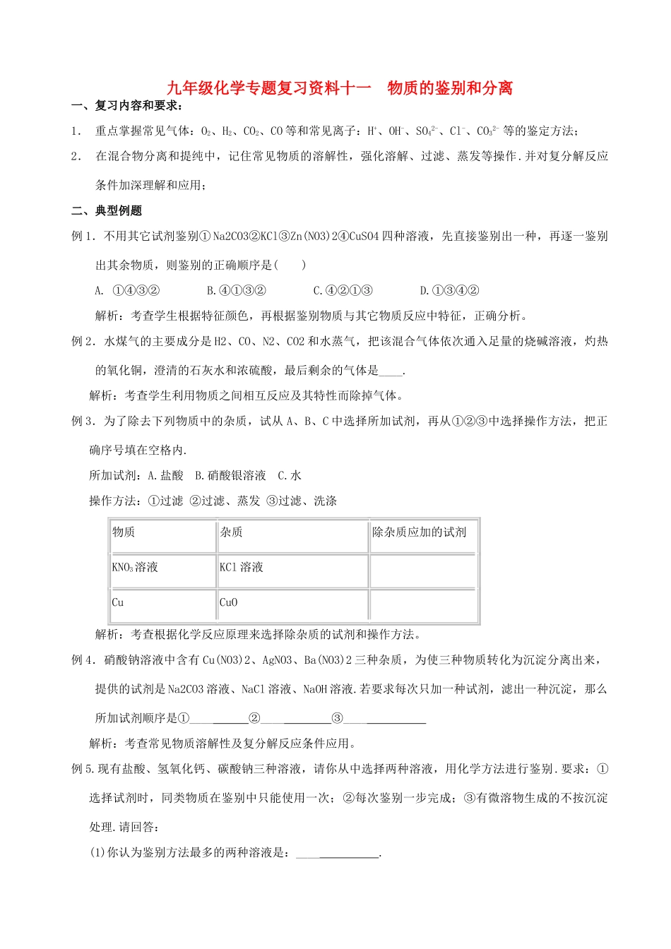 九年级化学专题复习资料十一  物质的鉴别和分离试卷_第1页