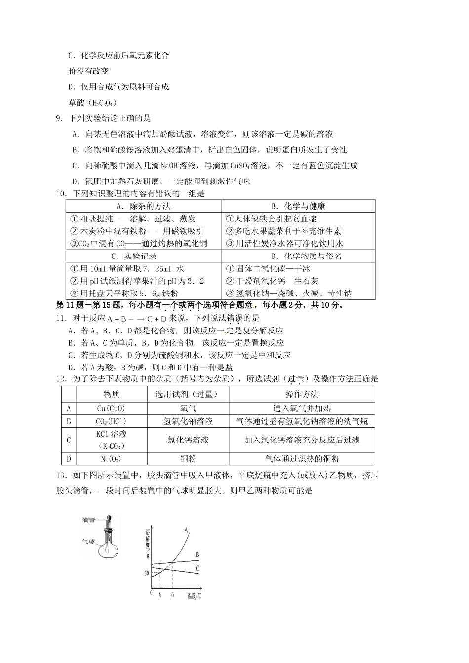 九年级化学B适应性考试试卷 人教新课标版试卷_第2页