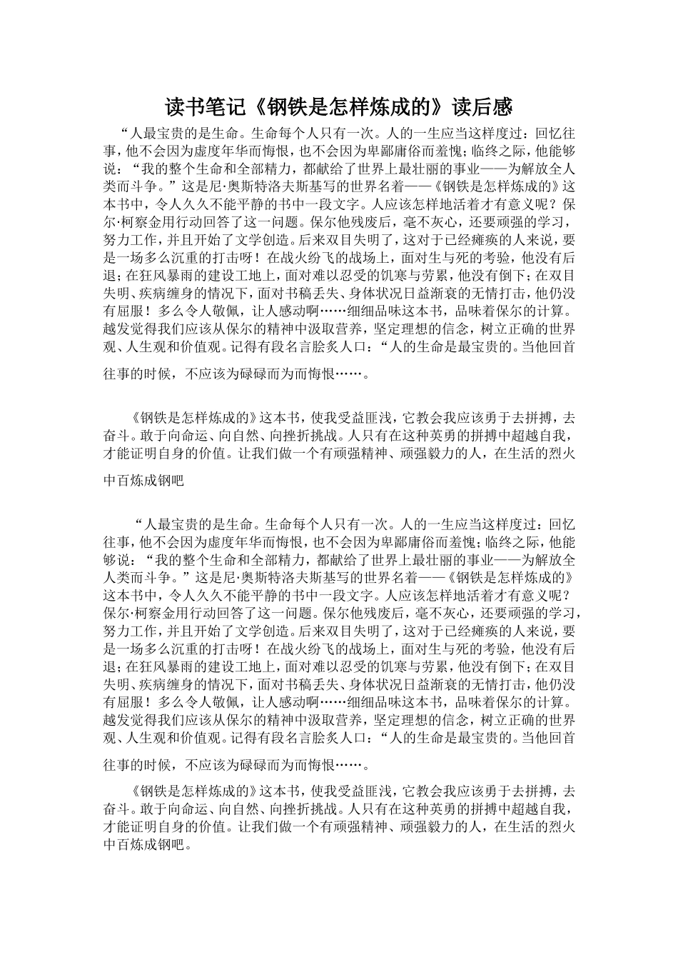读书笔记《钢铁是怎样炼成的》读后感_第1页