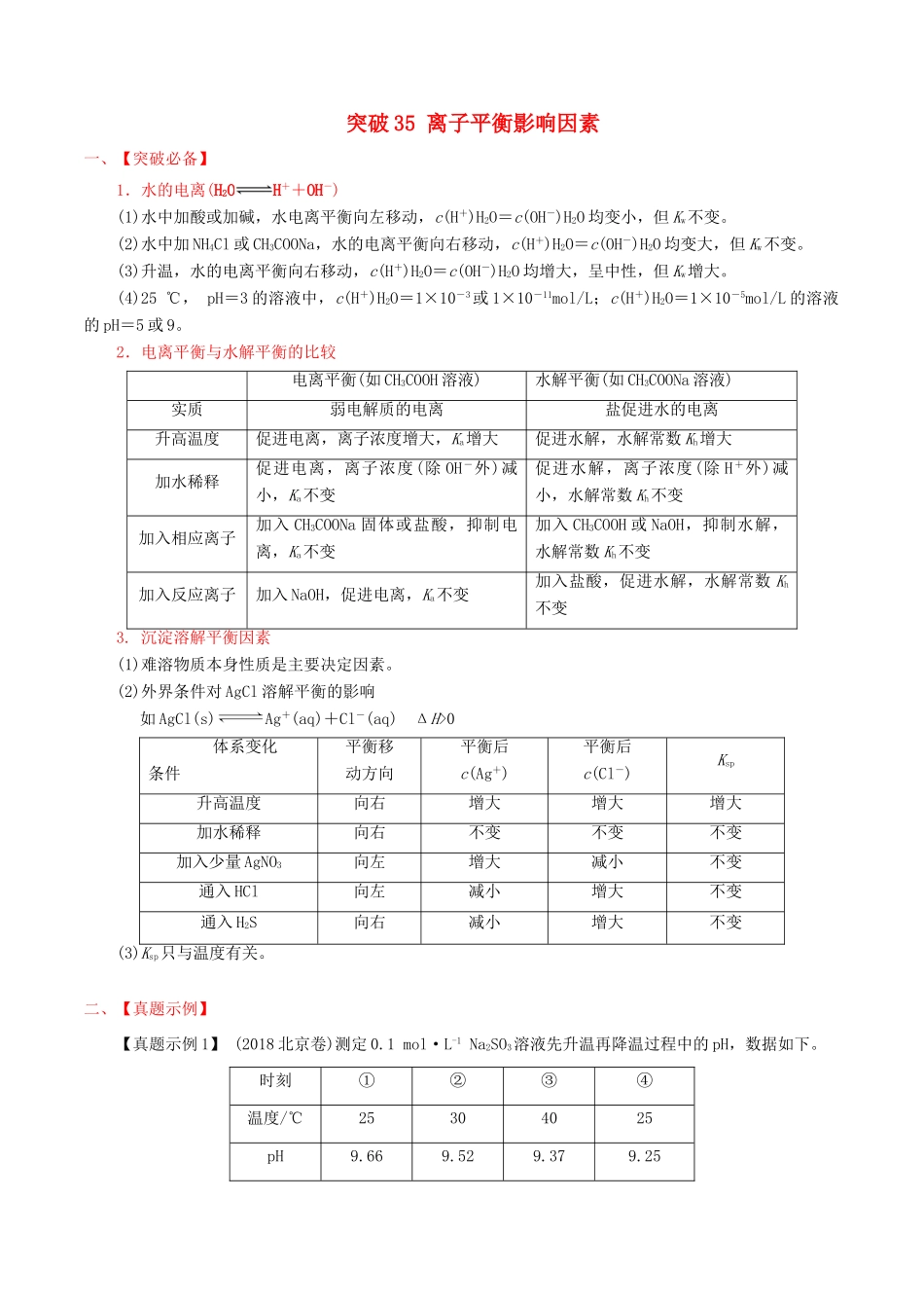 冲刺高考化学二轮复习 核心考点特色突破 突破35 离子平衡影响因素（含解析）-人教版高三全册化学试题_第1页