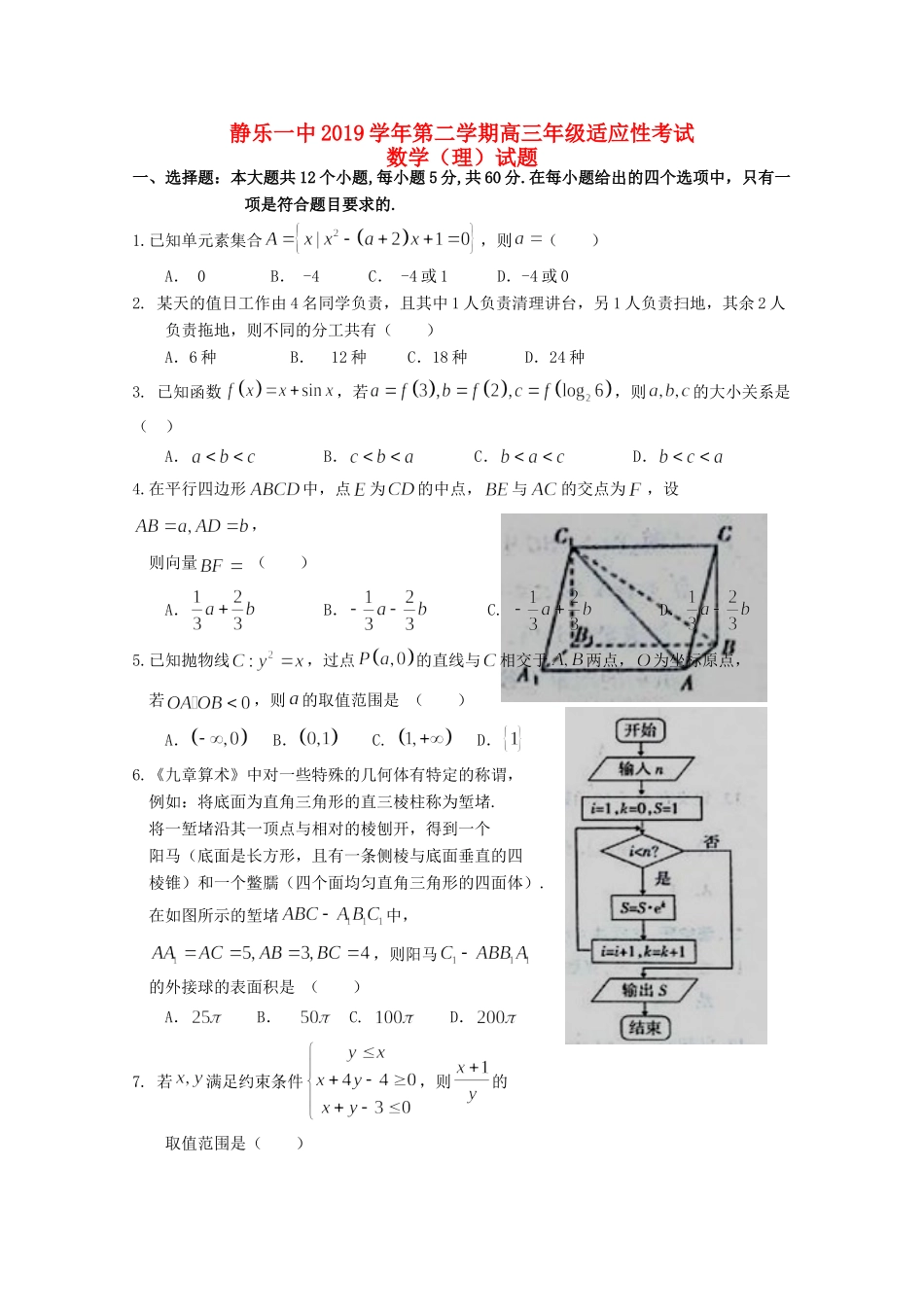 山西省忻州市静乐一中高三数学适应性考试试卷 理试卷_第1页