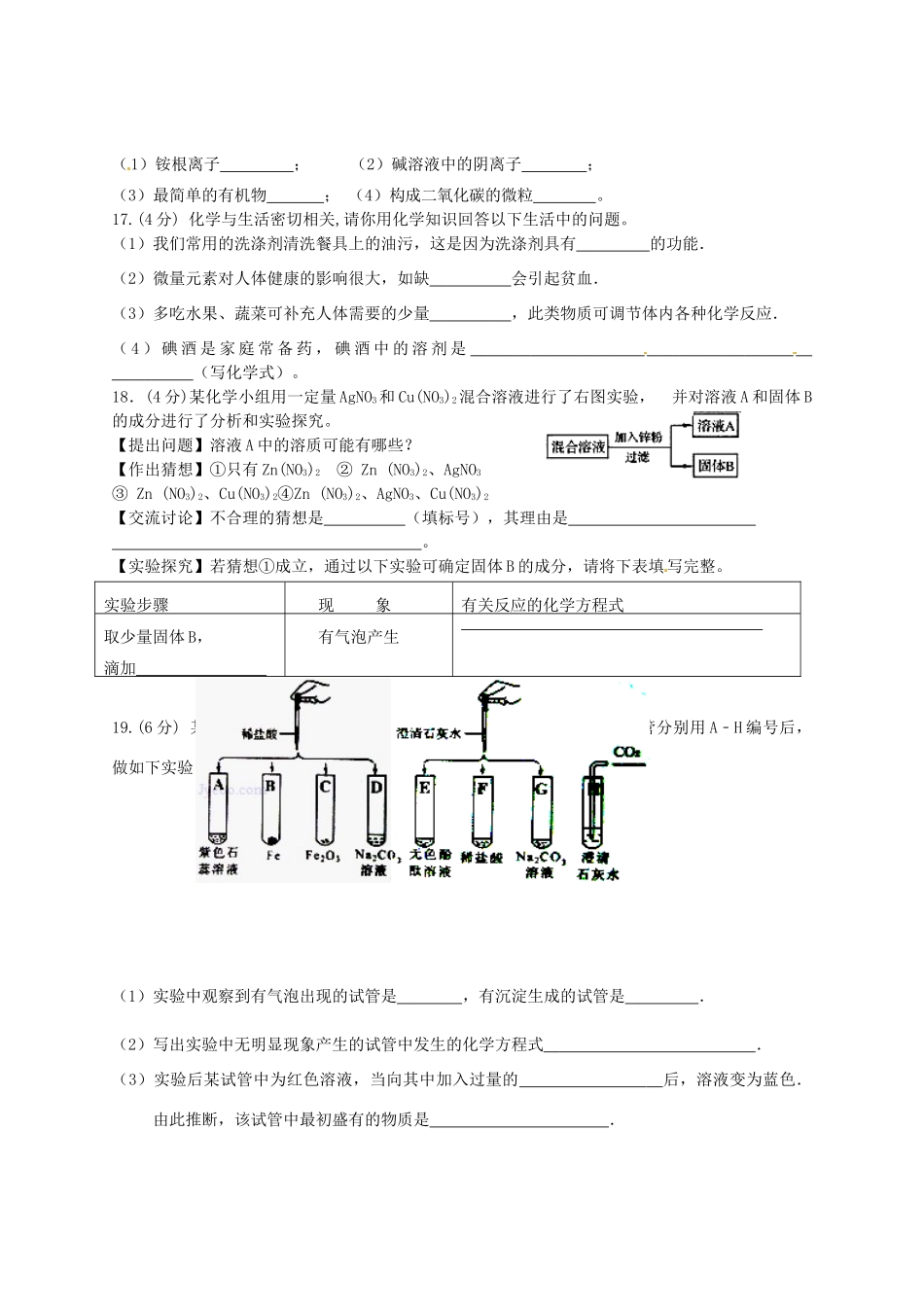 九年级化学下学期3月月考试卷 鲁教版试卷_第3页