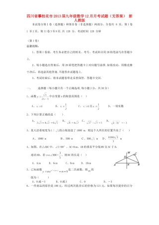 四川省攀枝花市届九年级数学12月月考试卷 新人教版试卷