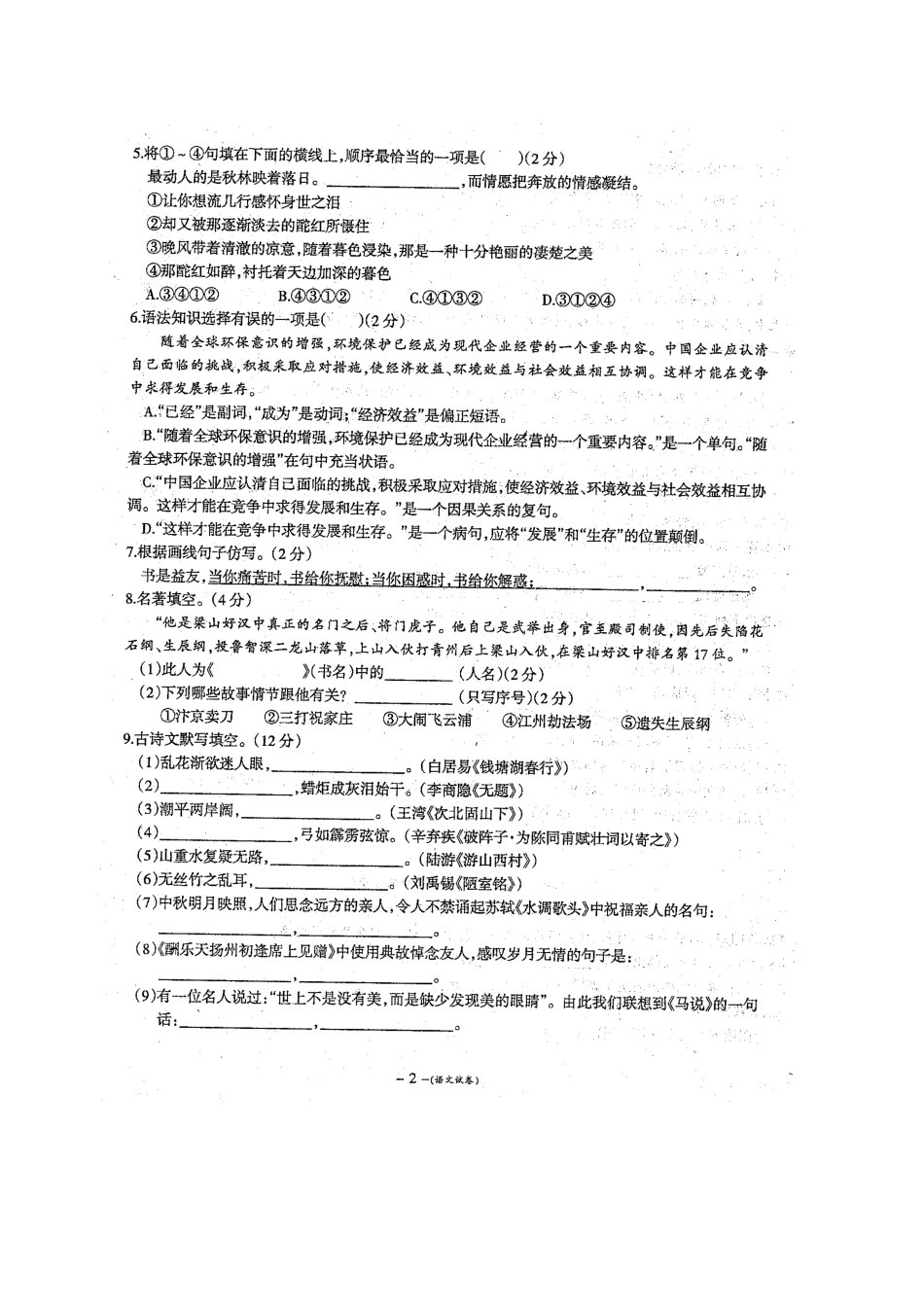 中考语文5月模拟试卷(扫描版，无答案)试卷_第2页