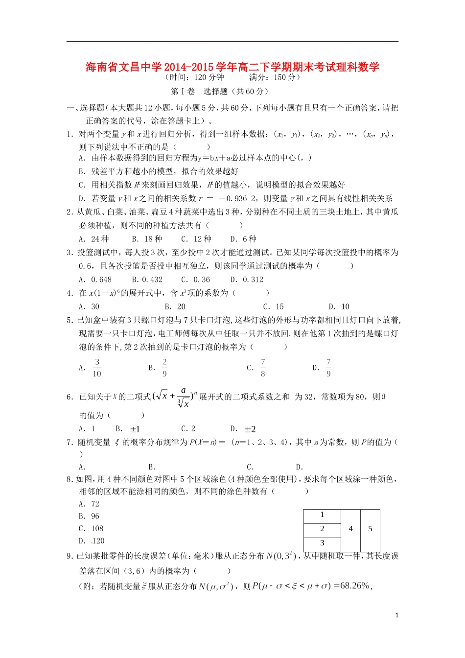 高二数学下学期期末考试试题 理（含解析）-人教版高二全册数学试题_第1页