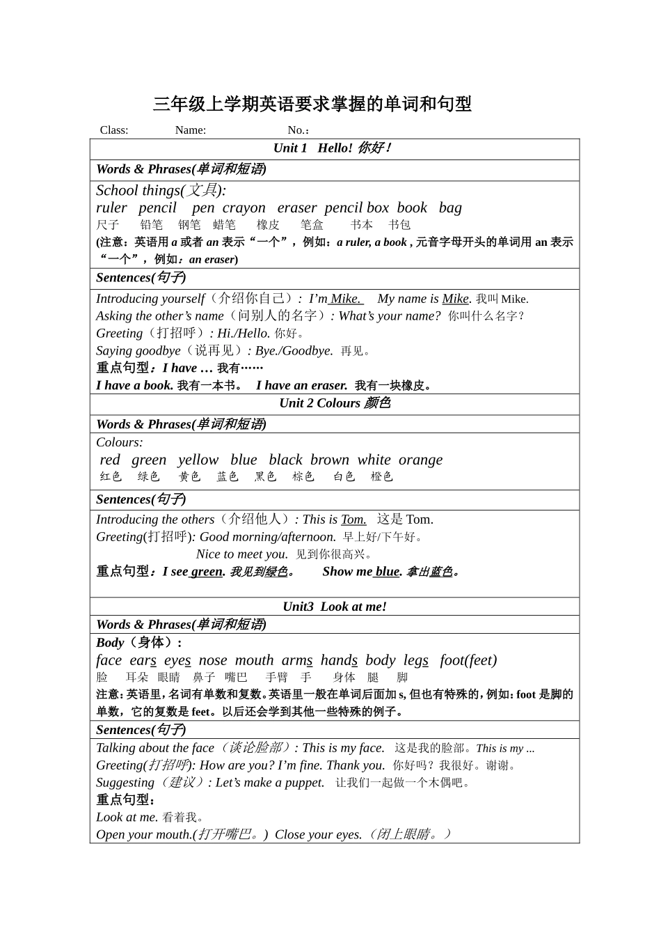 新版PEP三年级单词和句型表_第1页