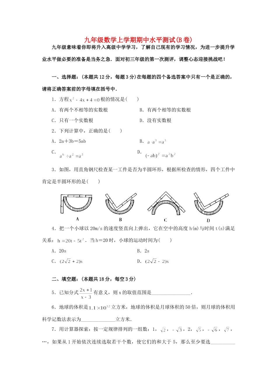 九年级数学上学期期中水平测试B卷华东师大版试卷_第1页