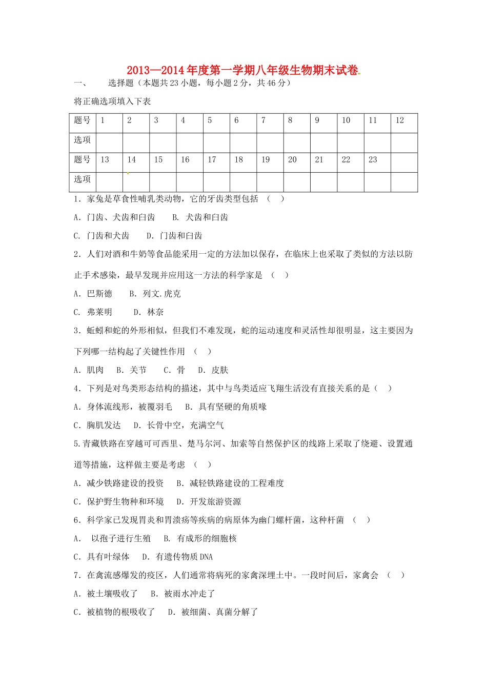 分校八年级生物上学期期末考试试题 新人教版 试题_第1页
