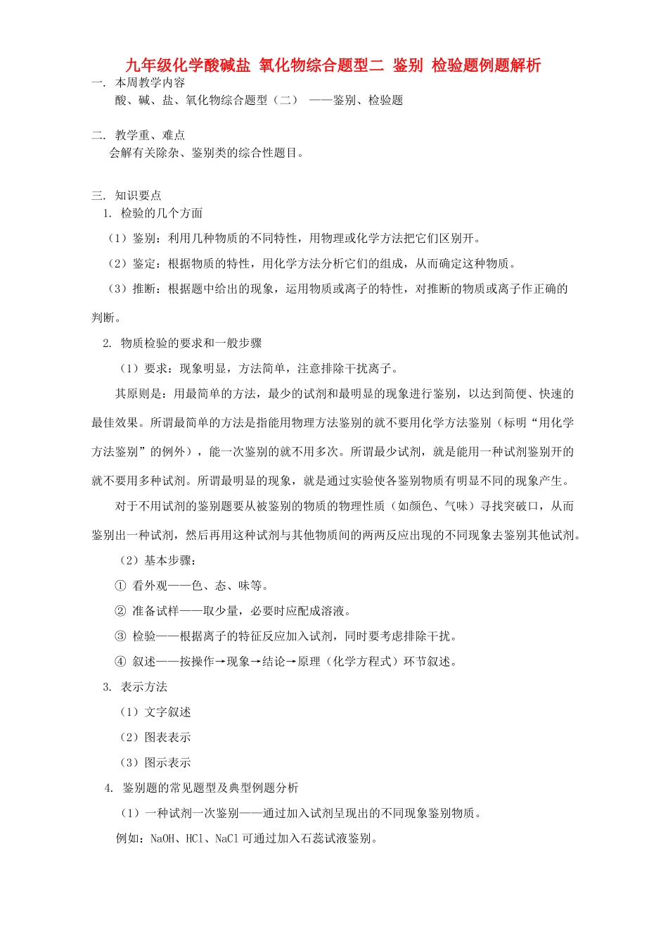 九年级化学酸碱盐 氧化物综合题型二 鉴别 检验题例题解析 天津版试卷_第1页