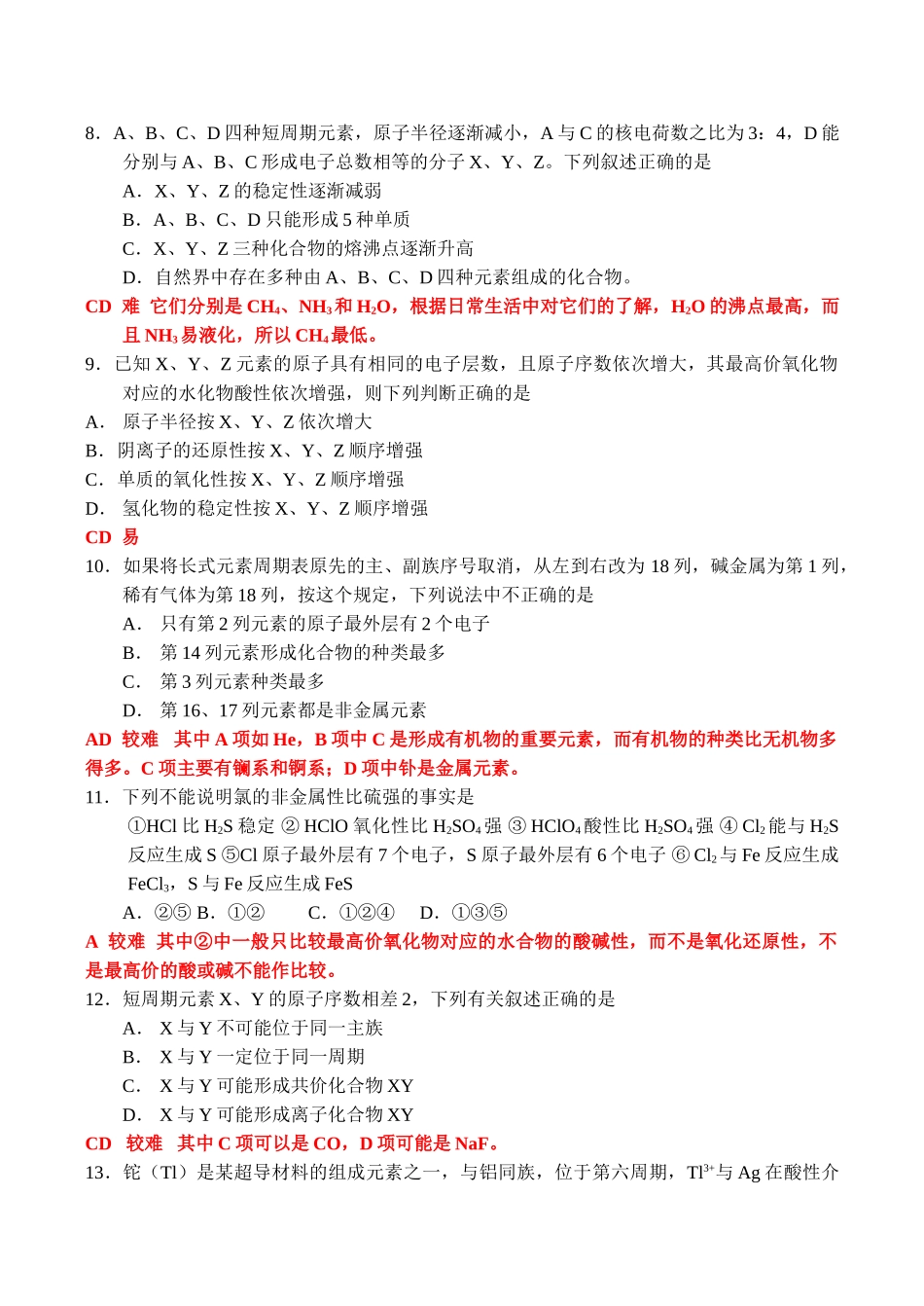 江苏省南通地区高一化学实验班练习必修2第一章  单元练习（1）_第2页