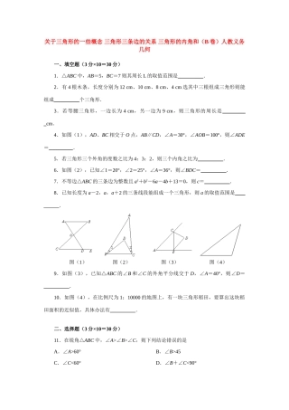 关于三角形的一些概念 三角形三条边的关系 三角形的内角和(B卷)人教义务几何 试题