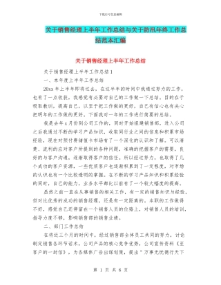 关于销售经理上半年工作总结与关于防汛年终工作总结范本汇编