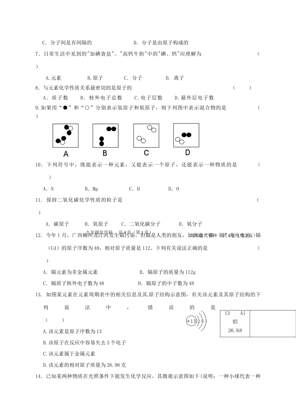 九年级化学上学期阶段考试试卷_第2页