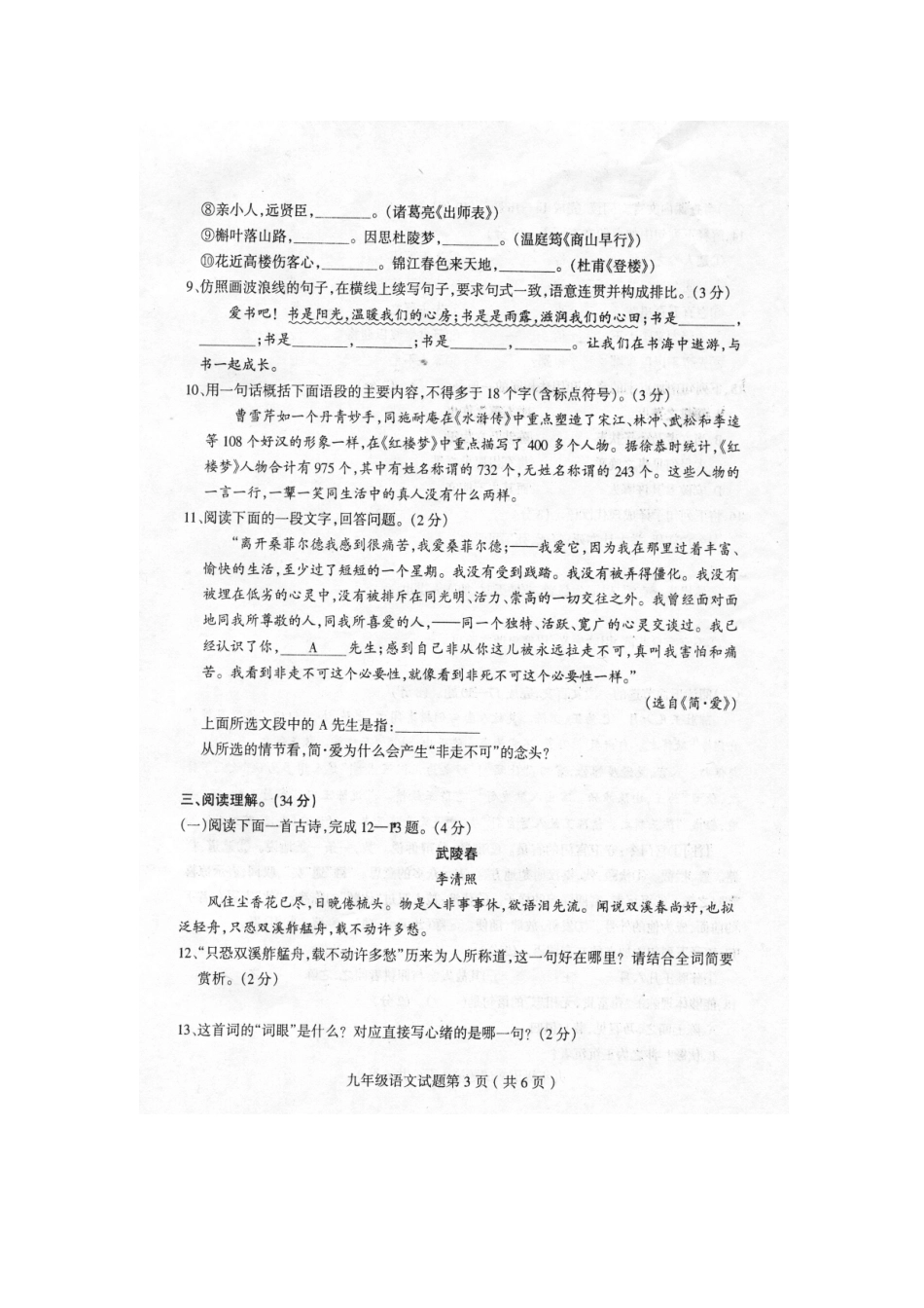 山东省莒南县九年级语文上学期期末考试卷新人教版试卷_第3页