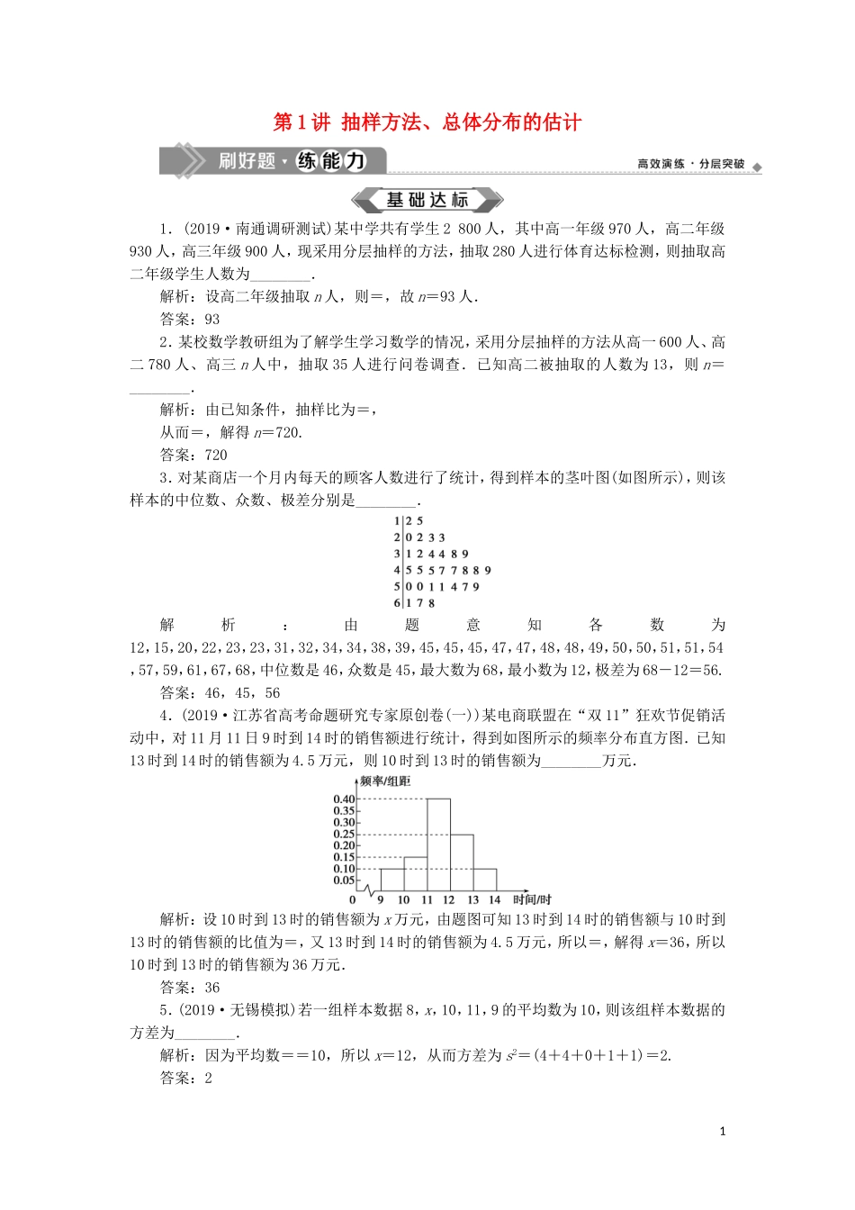 （江苏专用）高考数学大一轮复习 第九章 概率、统计与算法 1 第1讲 抽样方法、总体分布的估计刷好题练能力 文-人教版高三全册数学试题_第1页