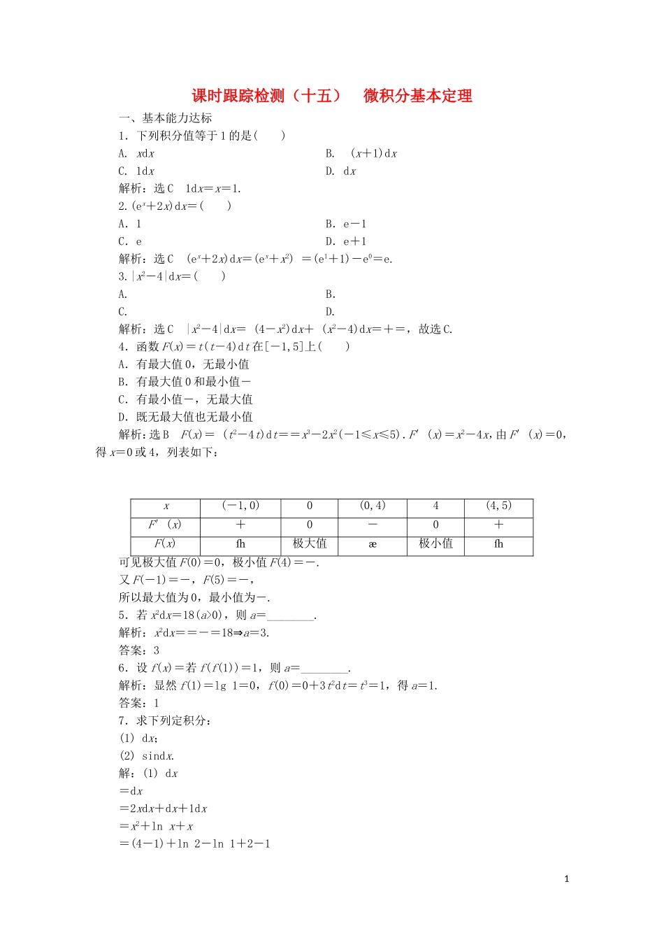 高中数学 课时跟踪检测（十五）微积分基本定理 北师大版选修2-2-北师大版高二选修2-2数学试题_第1页