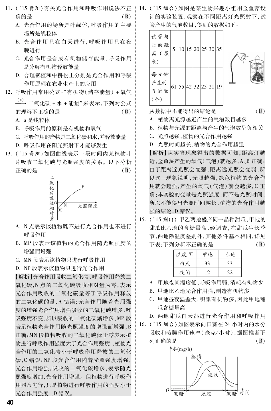 中考生物 第一部分 教材知识梳理 第3单元 第6章 绿色植物的光合作用和呼吸作用复习专题综合训练(pdf，含解析) 苏教版试卷_第2页