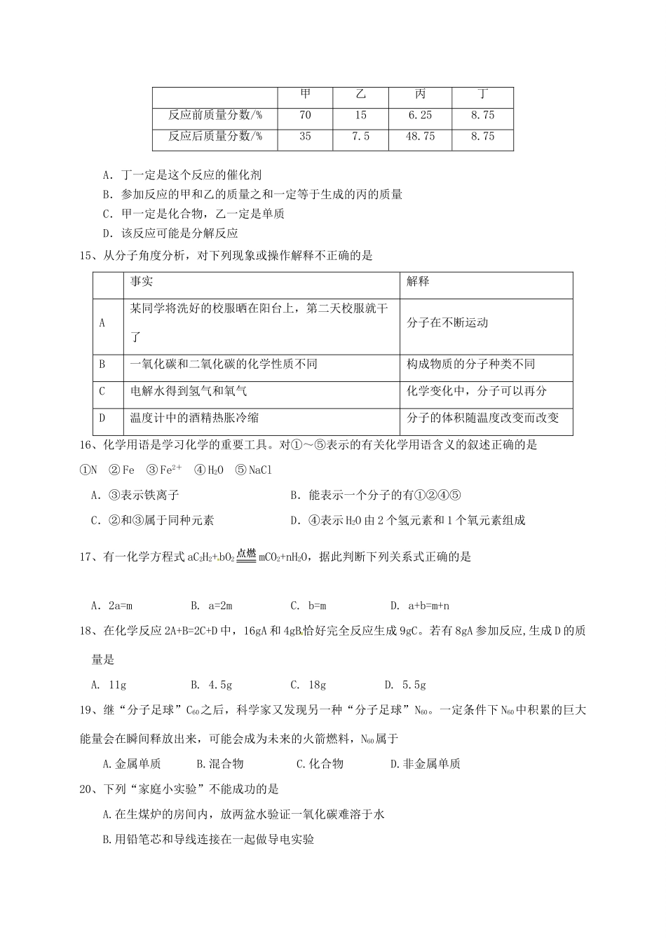 九年级化学上学期12月月考试卷(无答案) 新人教版试卷_第3页
