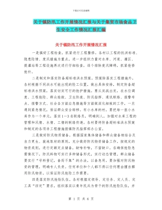 关于镇防汛工作开展情况汇报与关于集贸市场食品卫生安全工作情况汇报汇编