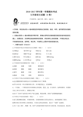 山东省滨州市九年级语文上学期期末考试试卷(pdf) 新人教版试卷