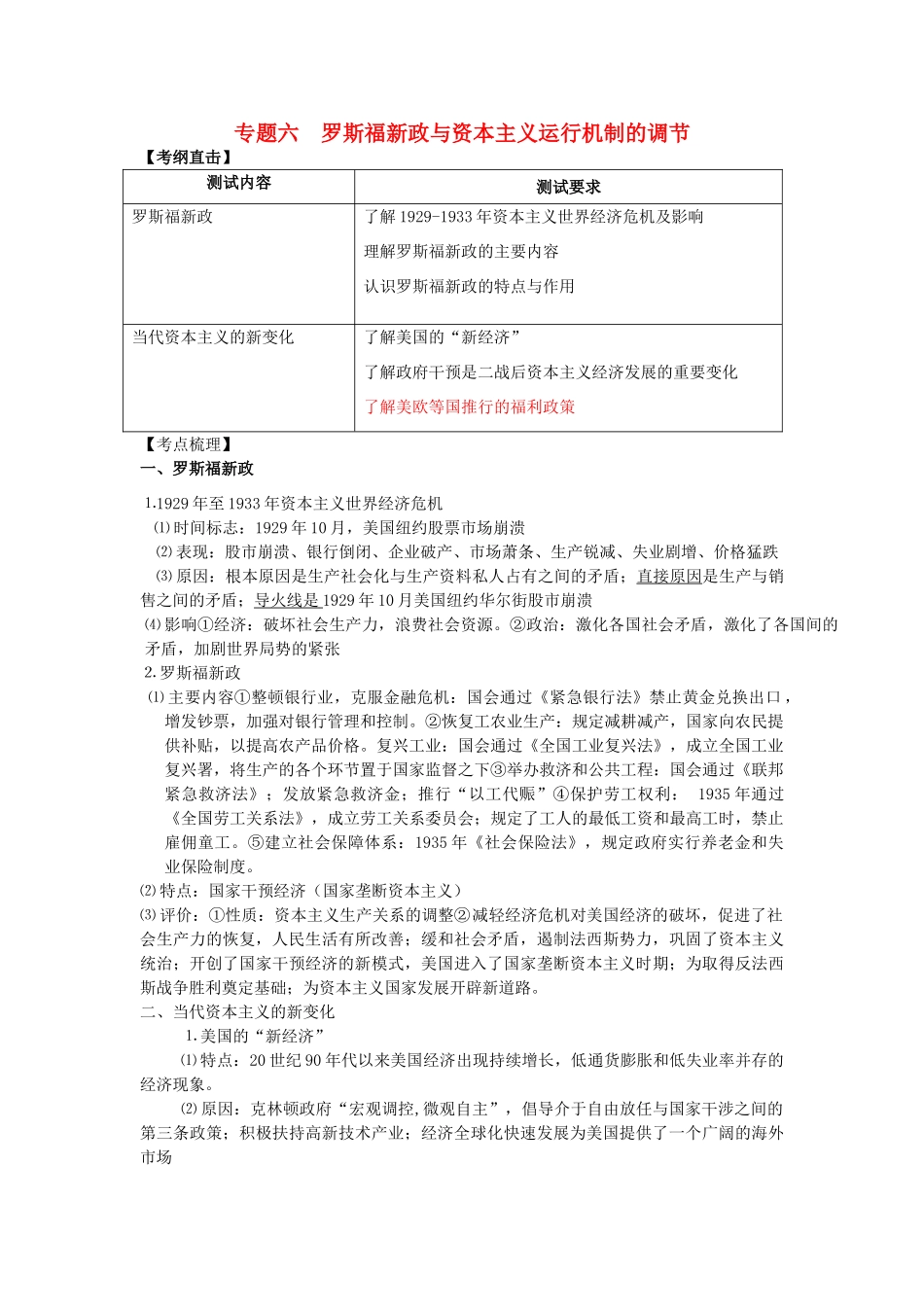 高中历史 专题六 罗斯福新政与资本主义运行机制的调节同步测试 人民版必修2-人民版高一必修2历史试题_第1页