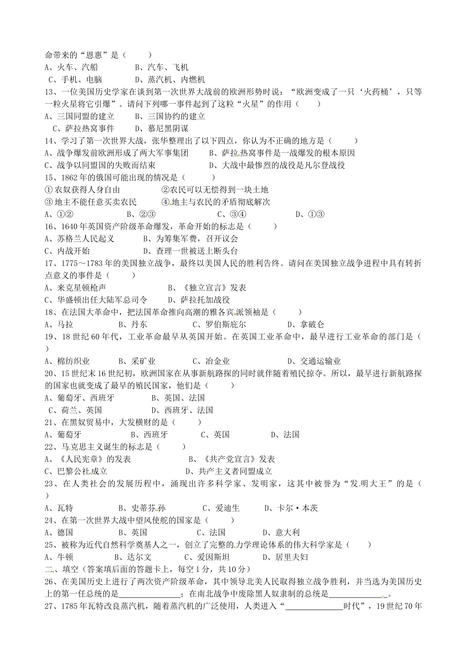 九年级历史上学期期末复习(第四学月)测试试卷 新人教版试卷_第2页