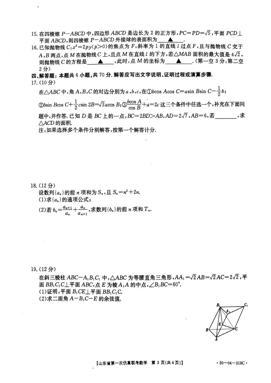 山东省高三数学第一次仿真联考试卷(PDF)试卷_第3页