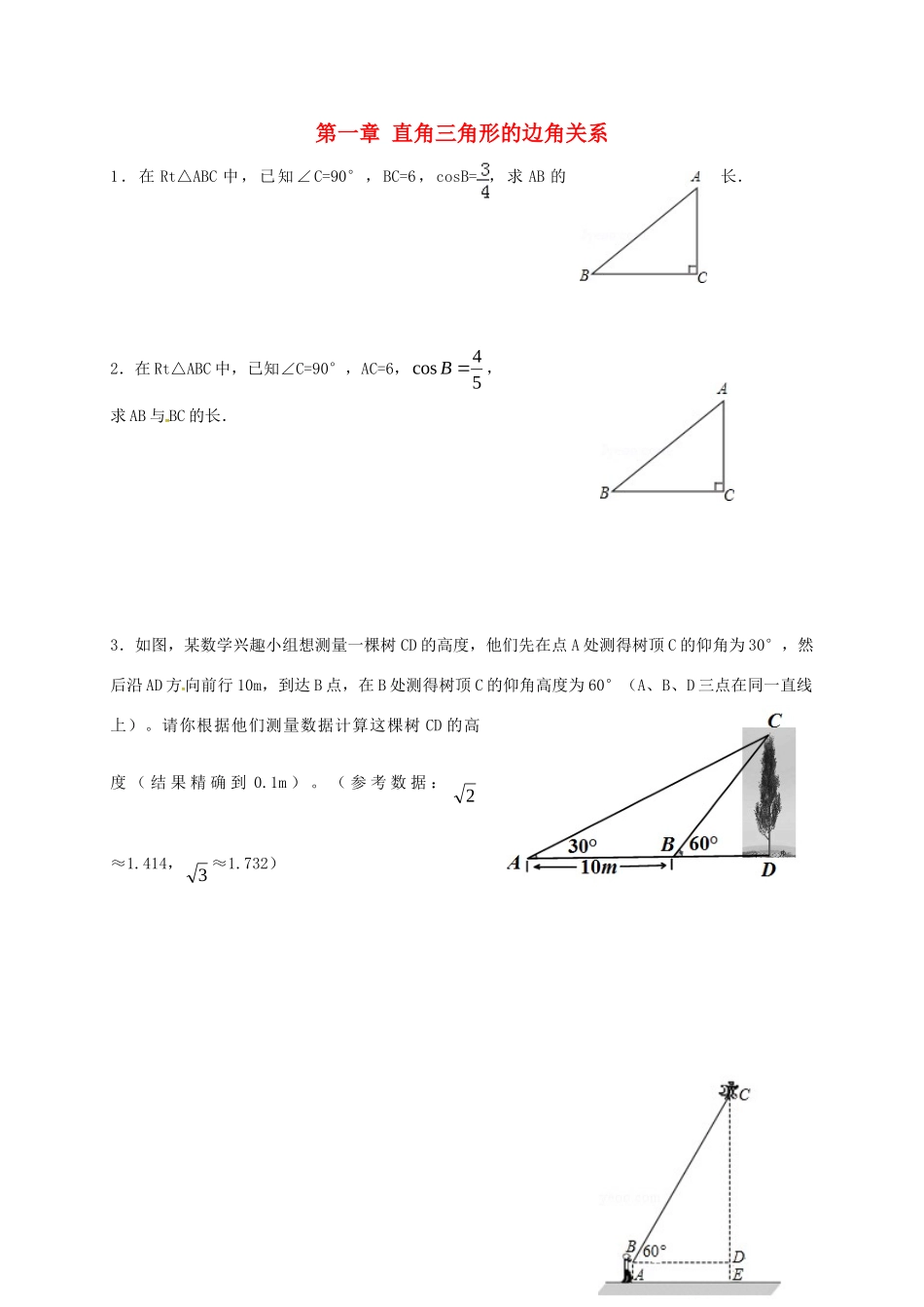 九年级数学下册 1 直角三角形的边角关系测试卷1(新版)北师大版试卷_第1页