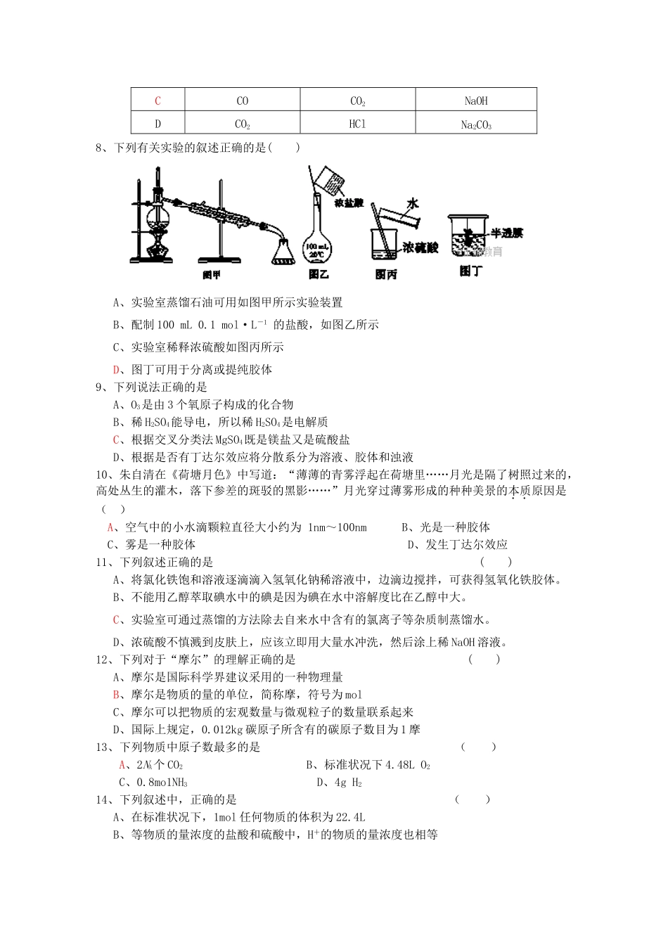 黑龙江省鸡西虎林市高一化学上学期期中试题-人教版高一全册化学试题_第2页
