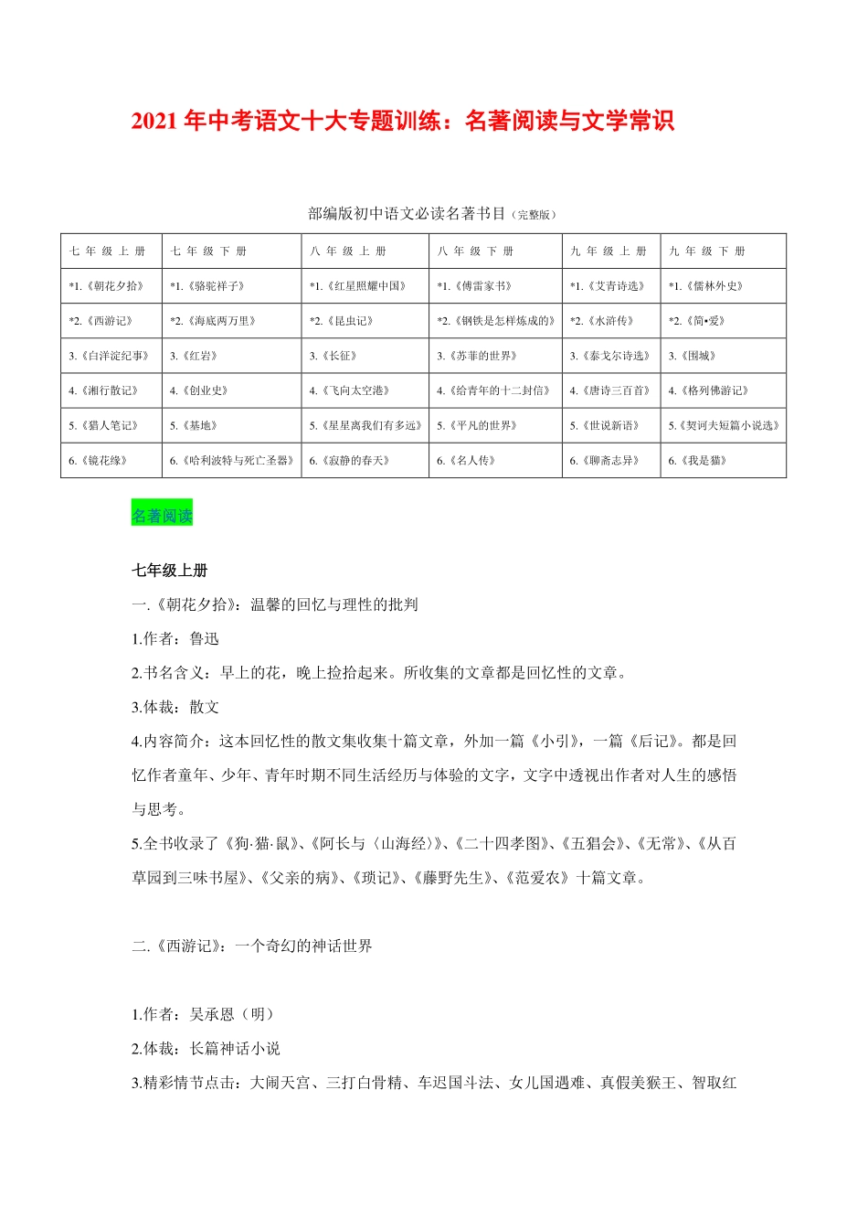 中考语文十大专题训练 名著阅读与文学常识(pdf，含解析)试卷_第1页