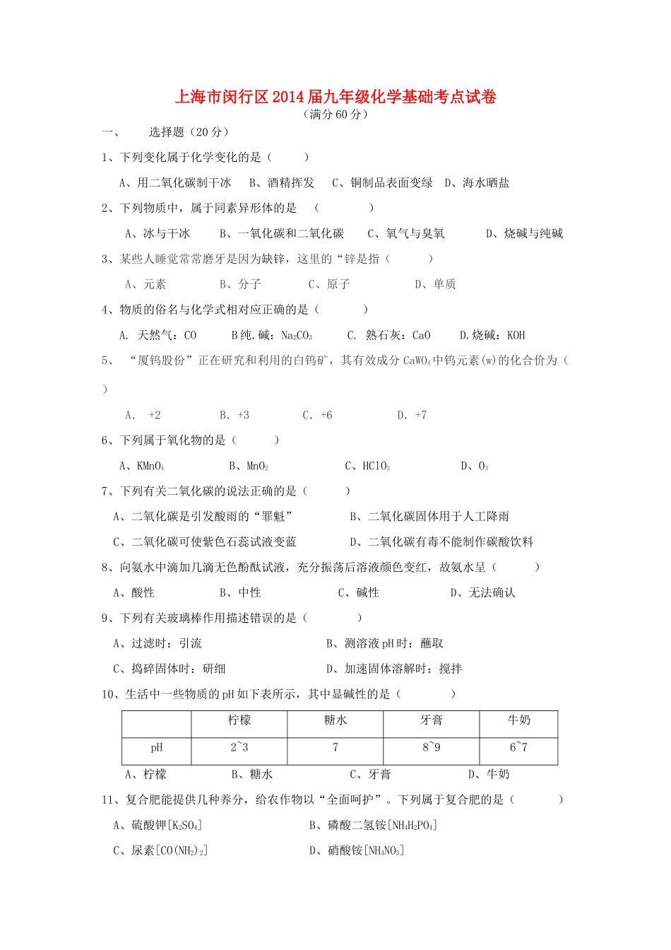 九年级化学基础考点试卷试卷_第1页