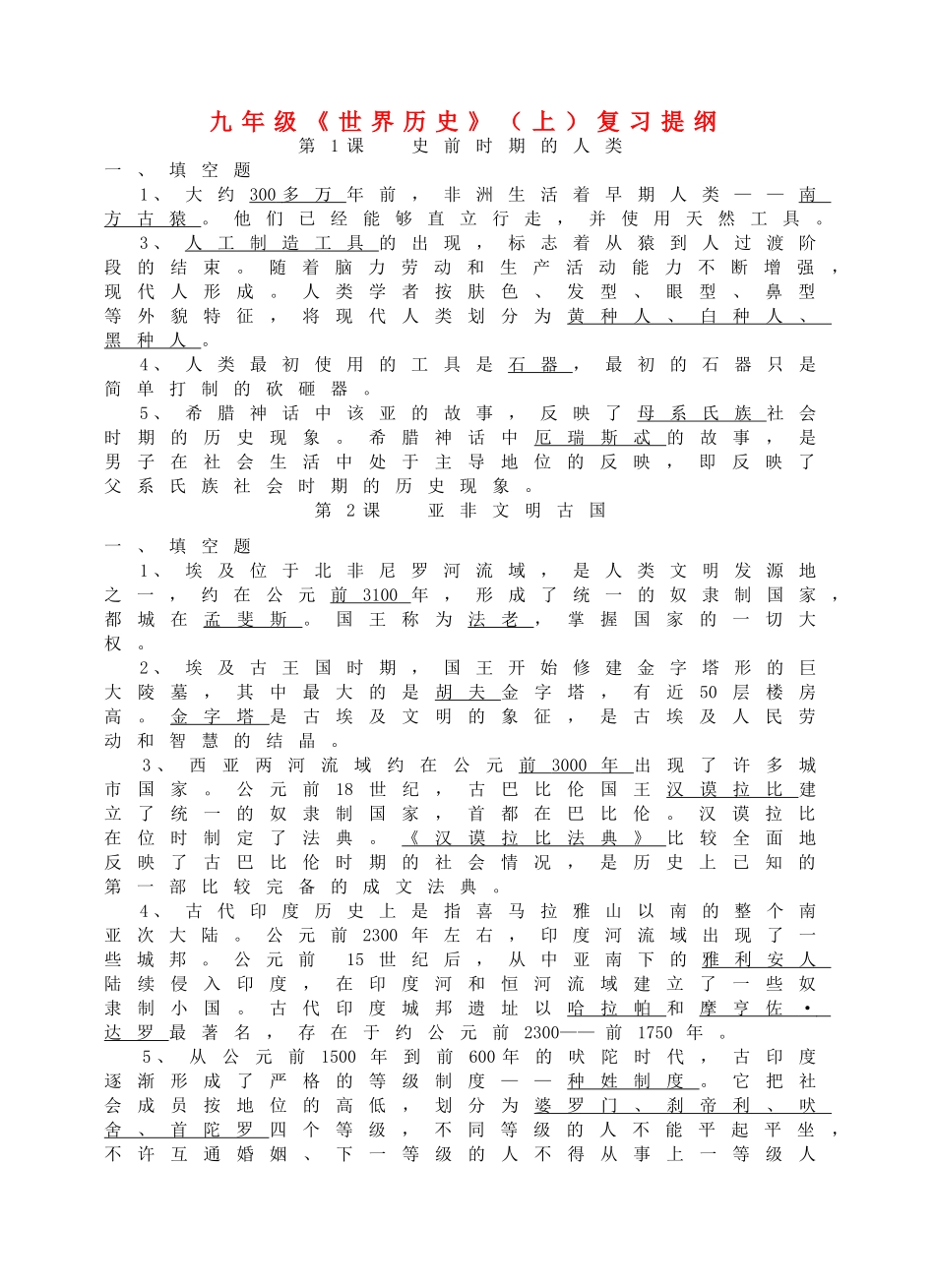 九年级历史上学期期末总复习提纲 岳麓版试卷_第1页
