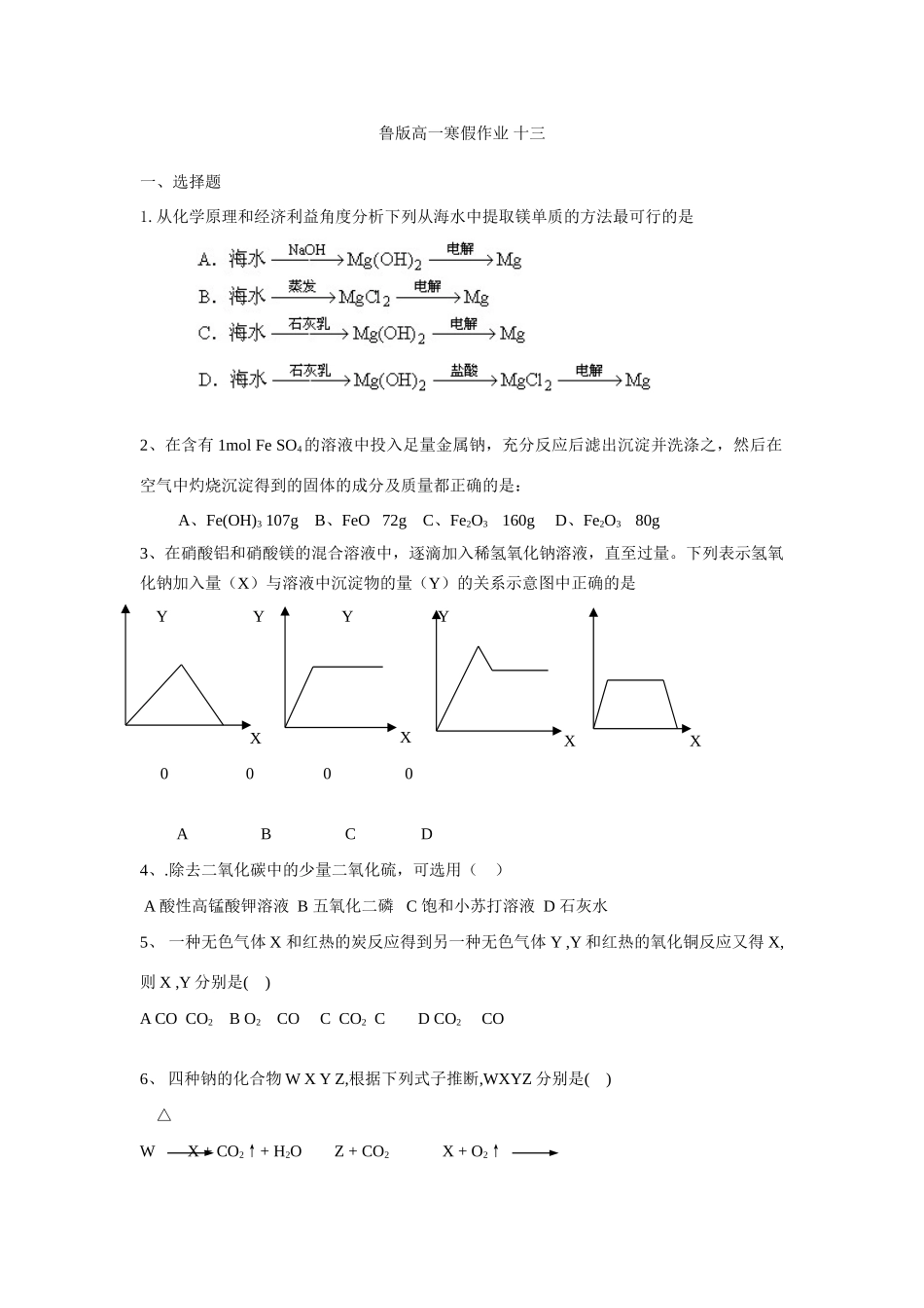 高一鲁教版化学寒假作业13_第1页